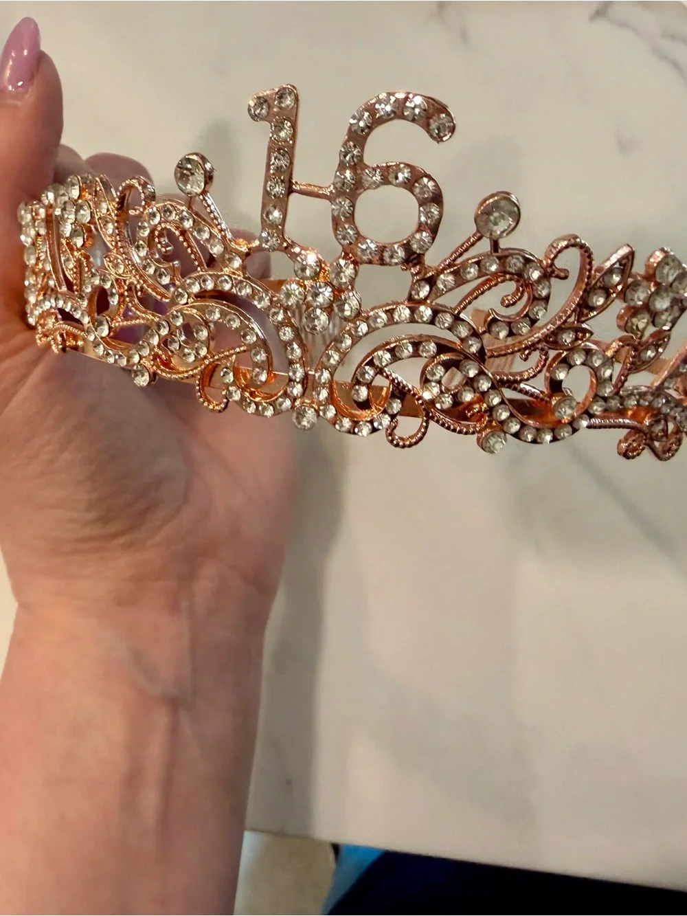 Rose Gold 16 Rhinestone Tiara Headband and Birthday Queen Sash